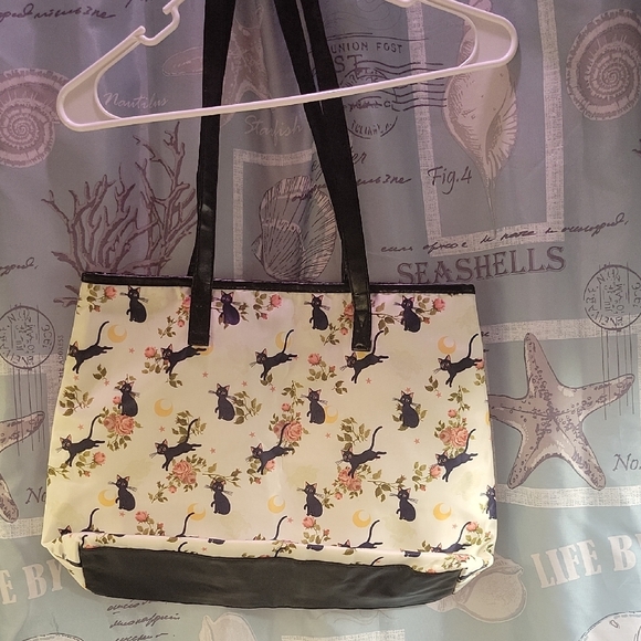 Sailor Moon Cat and Floral Print Tote Bag - Black and Cream, EUC - Picture 5 of 9